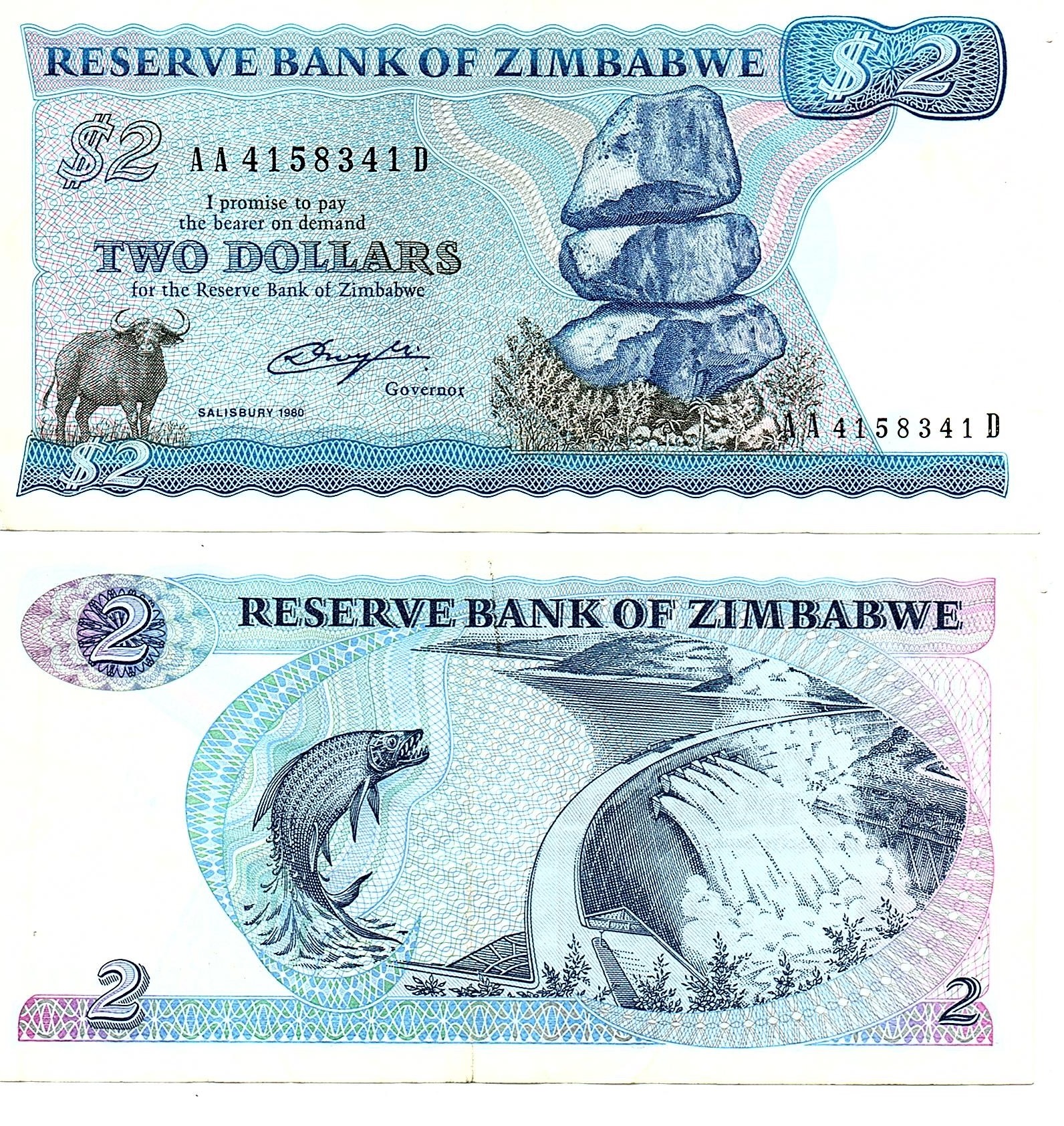 Zimbabwe #1a/VF 2 Dollars  AA